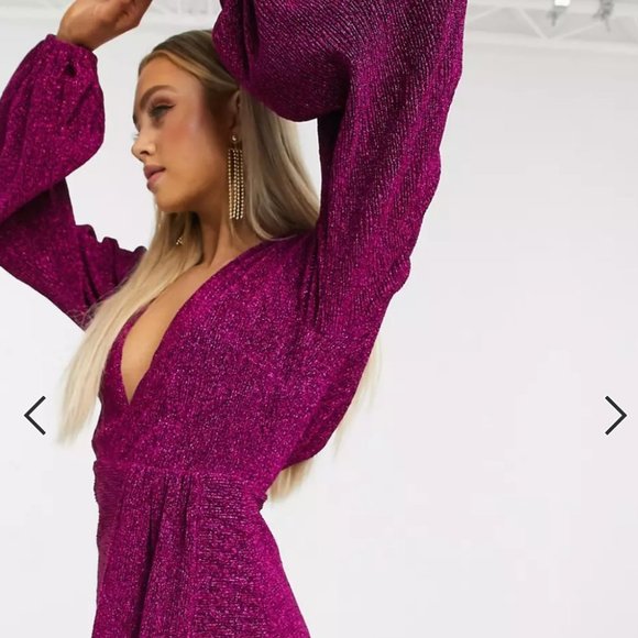Club London Glitter Plunge Neck Drape Mini Dress Metallic Purple ASOS Bodycon - Picture 3 of 14